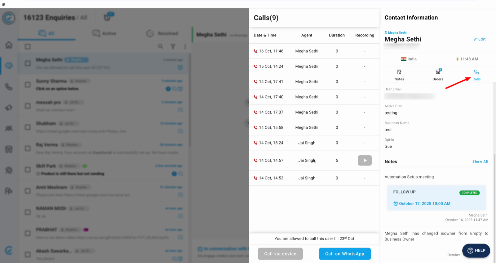 Tutorial Screenshot - Now, if you wish to call the user then click on